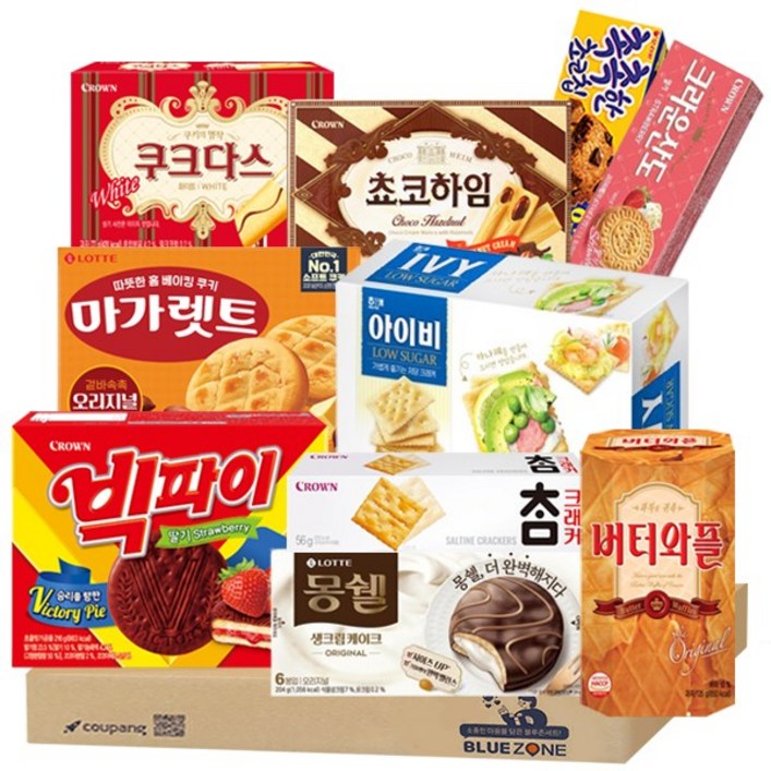 블루존 인기 파이과자 10종 세트 (촉촉한초코칩)+(몽쉘 생크림+마가렛트)+(빅파이+버터와플+아이비+쿠크다스화이트+참크래커+딸기산도+초코하임)