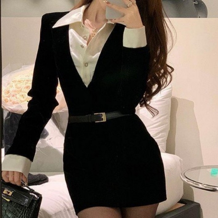 아이엠몽 여성 셔츠 레이어드 벨트 세트 슬림 미니 원피스
