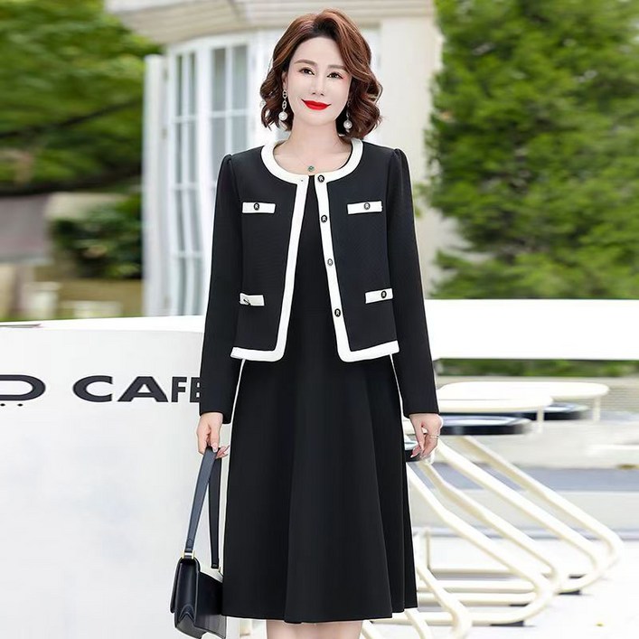 중년 여성 트위드 투피스 캐주얼 봄 가을 중년 엄마 소향풍 세트 루즈핏 라운드 자켓 + 민소매 원피스 투피스 기질 트위드 세트 CY