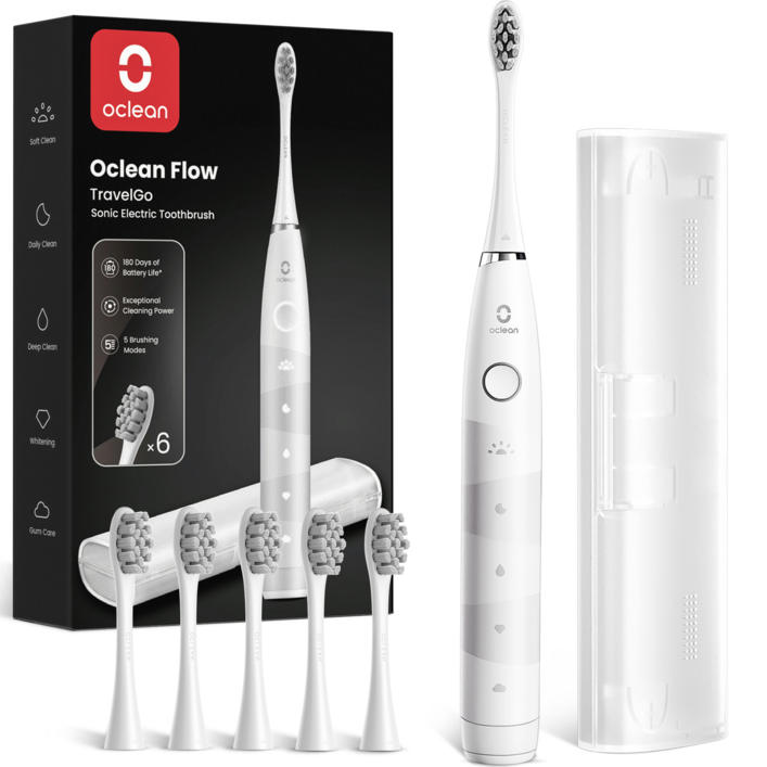 [정식수입 국내AS] 오클린 Oclean Flow 음파전동칫솔본체+칫솔모 6개+휴대케이스 1년 2번만 충전 분당 76000회 IPX7방수