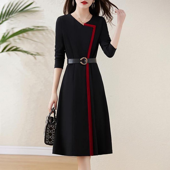 AOKADA 여성 봄 가을 배색 슬림 오피스룩 하객룩 정장 롱 원피스