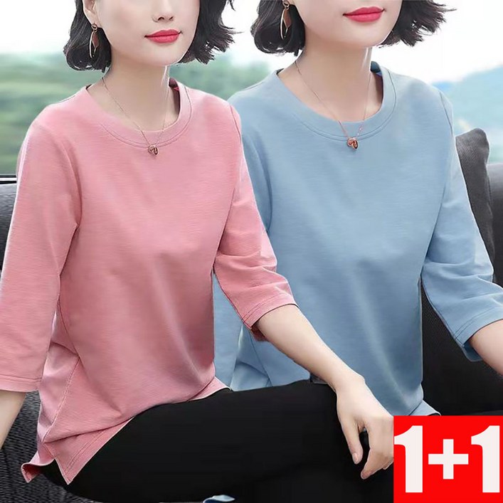 지고다그 11 봄여름 여성 오버핏 캔디컬러 7부 소매 티셔츠 캐주얼 엄마 옷 중간 소매 탑 ZXC40184