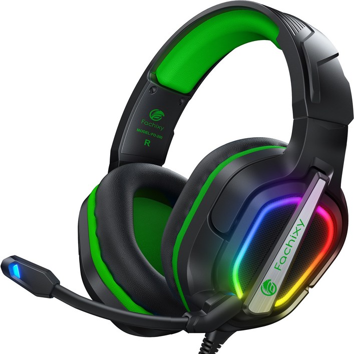 파치시 FC200 게이밍 헤드셋 접이식 PC PS4 PS5 XBOX RGB 헤드폰 노이즈 캔슬링 마이크, 블랙그린