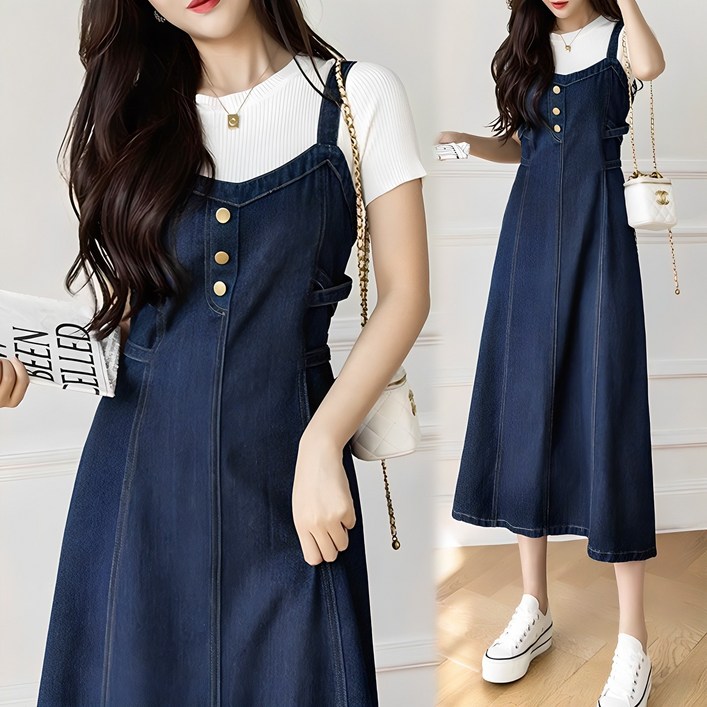 아이엠몽 여성 청 데님 뷔스티에 롱원피스