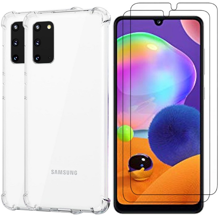 나인테크 12 갤럭시 A31 투명 범퍼 젤리 케이스 1개  강화유리 액정 보호 필름 2장