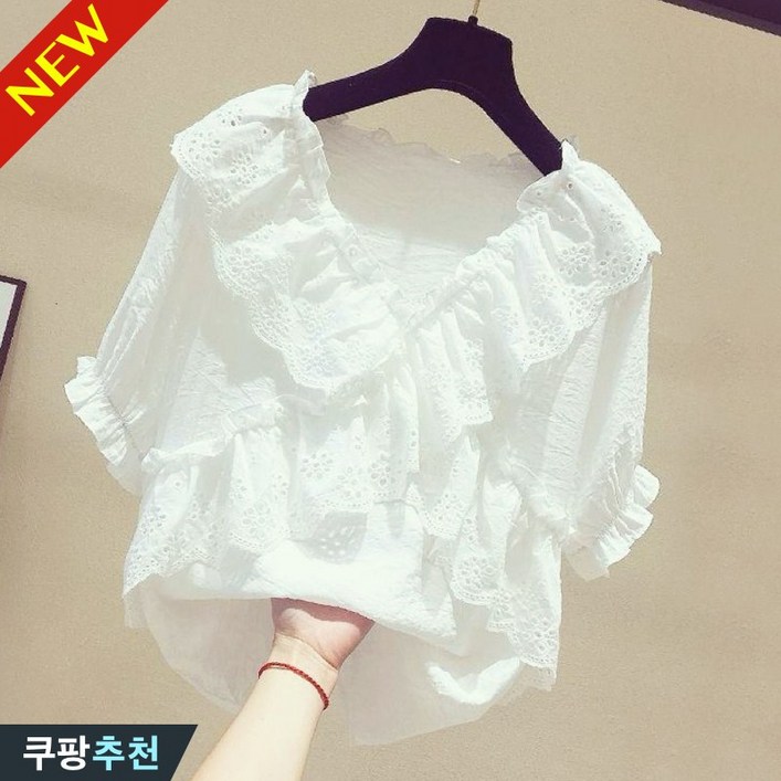 (완전 편한) 80kg까지 여성 랩 흰색 쿨 반팔 블라우스 티셔츠 여름 추천 빅사이즈 브이넥 디자인 모던 솔리드 휴양지 벌룬소매 데일리 프릴 빅카라 펀칭 루즈핏 셔츠 브라우스