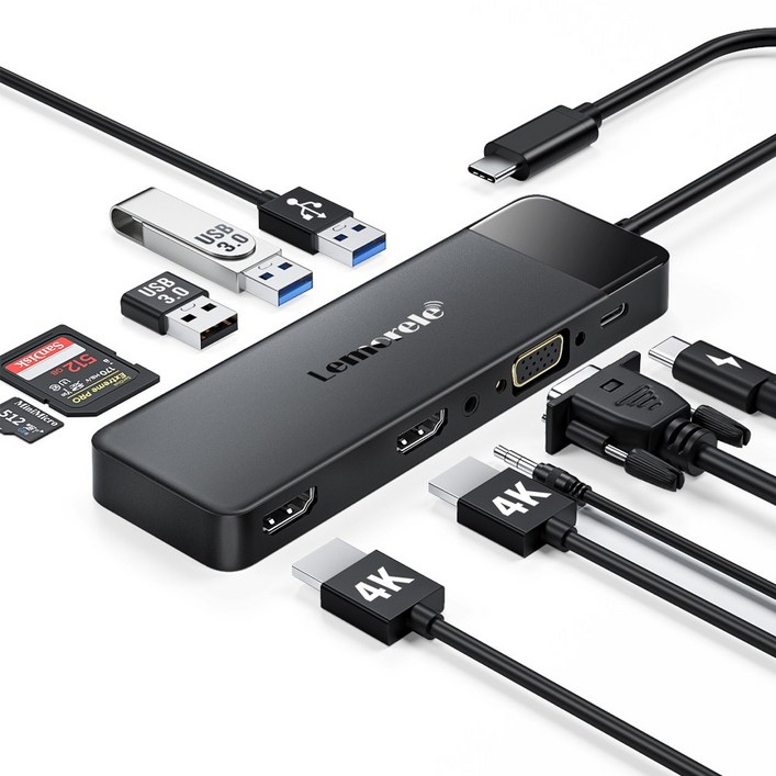 Lemorele 10 in-1 USB C 허브 유형 C 도킹 스테이션 PD 100W 4K HDMI USB 3.0 허브 SD/TF 카드 슬롯 VGA 포트, 1개