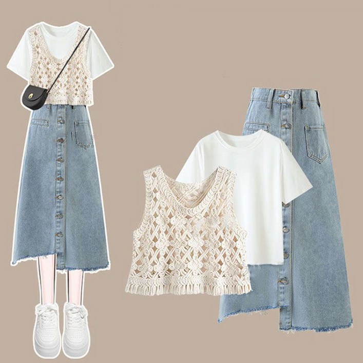 여성3종세트 / 여름 조끼 + 반팔티 + 데님 스커트 / 롱스커트 / 반팔 블라우스  / SGT2507 69