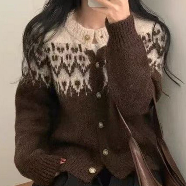 cammello  여성 노르딕 패턴 니트 가디건 라운드넥 기본핏 긴팔 니트티