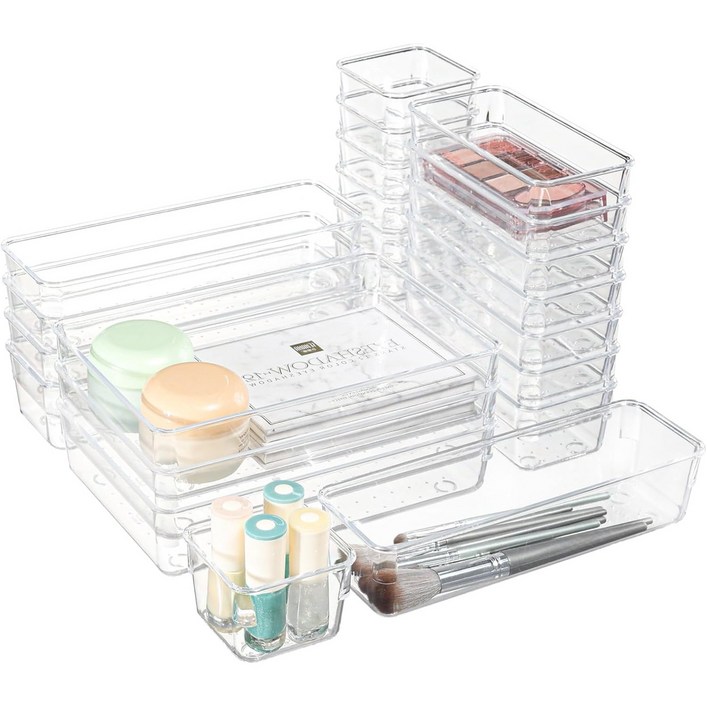 모던마켓 홈 수납정리 25피스 투명 아크릴 서랍 정리함  4가지 사이즈 책상 서랍 칸막이 정리함 및 보관함 메이크업, 주얼리, 주방, 침실, 욕실, 사무실용 도구 멀티 수납함