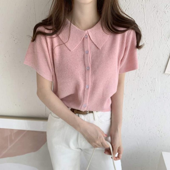 심플 카라 반팔니트 버튼 여름 니트가디건 세미크롭 반팔티