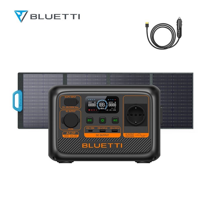 BLUETTI 블루에티 AC2PPV120 파워뱅크세트 300W 230.4Wh 고속충전 휴대용 보조배터리 120W 태양광패널 올인원 인산철 차박 캠핑 낚시 야외작업용, AC2PPV120