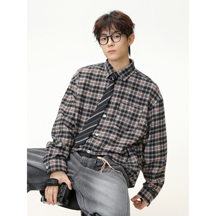 하울맨 남여공용 오버핏 배색 빈티지 체크 셔츠 난방
