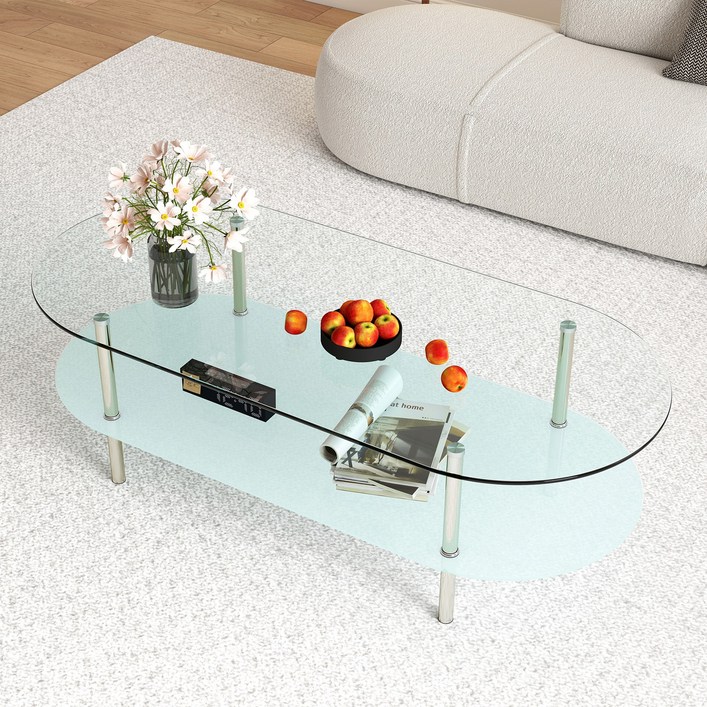 제이더블유퍼니처 수납형 거실 쇼파 테이블 2단 타원형 강화유리 거실테이블 10001200mm, 투명연마1200
