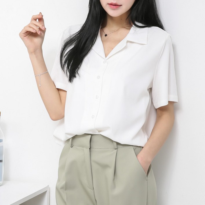 오버나인 여성 링클프리 오픈 반팔셔츠 블라우스