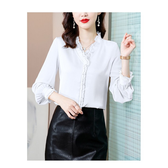 비아이와이 여성 오버핏 브이넥 쉬폰 데일리룩 블라우스 DH1243