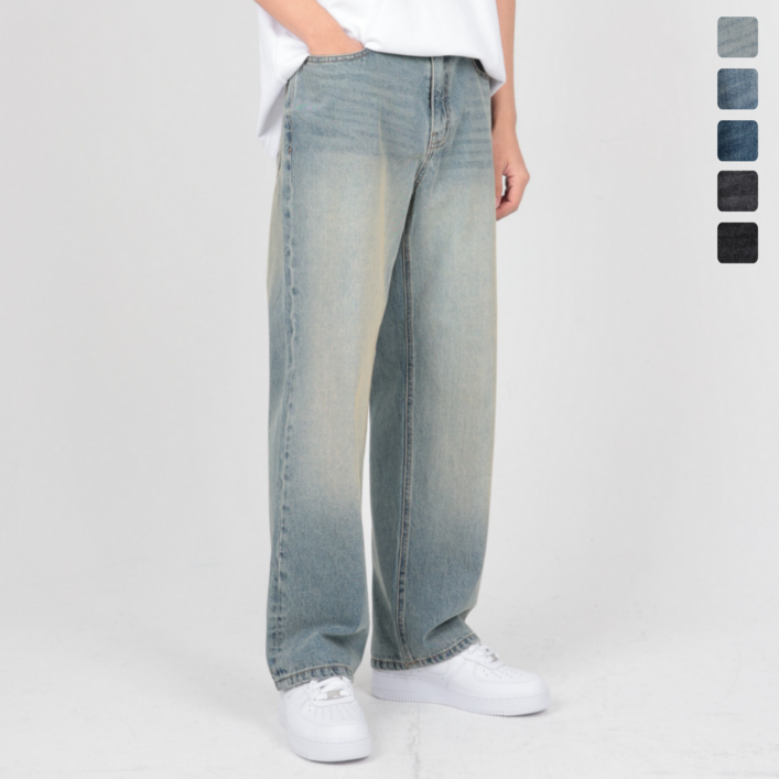 남성 청바지 와이드 스트레이트진 프리미엄 워싱 일자 흑청 데님팬츠