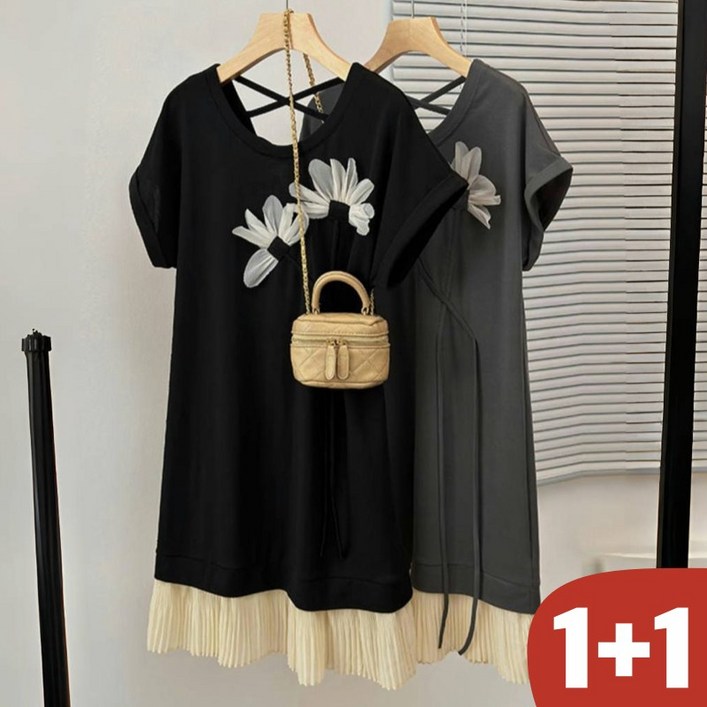 25년 신상 150kg까지 11 빅사이즈 여성 프렌치 우아한 포인트 스트랩 프릴 반팔 원피스 여름 편한 모던 큐티 드레이프 패치워크 미디 플레어 큰옷 검정 날씬해보이는 원피스