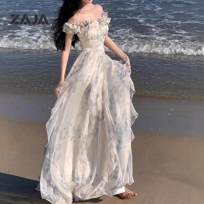 ZAJA 여성 프릴 오프숄더 롱원피스 바캉스 추천 플라워 쉬폰 하객룩