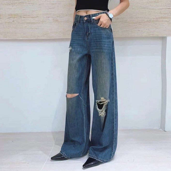 대박난박양 인디고블루 와이드 디스트로이드 청바지