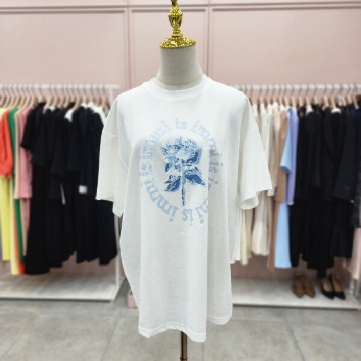 샤틴 장미장식 루즈핏 박시 티셔츠S242C559A03JK