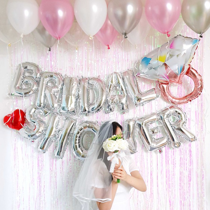 파티온 브라이덜샤워 파티커튼세트, 이니셜(골드)+파티커튼(로즈골드)+반지풍선(로즈골드)