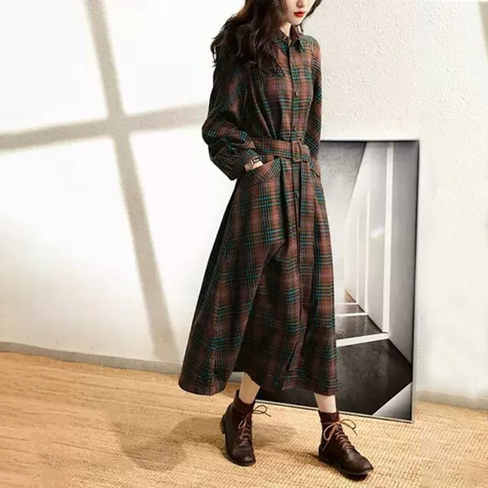 ORZQU 봄 여성 체크 원피스 루즈핏 벨트 긴팔 A라인 원피스