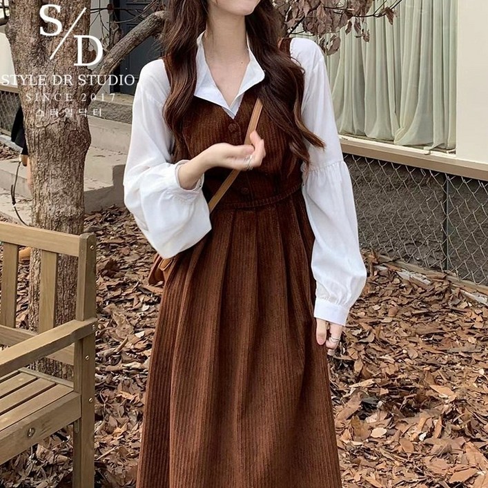 스타일닥터 패션 롱원피스 가을데일리룩 브이넥 브라운컬러 여성원피스 코듀로이 학원풍 슬림핏 휴양지원피스