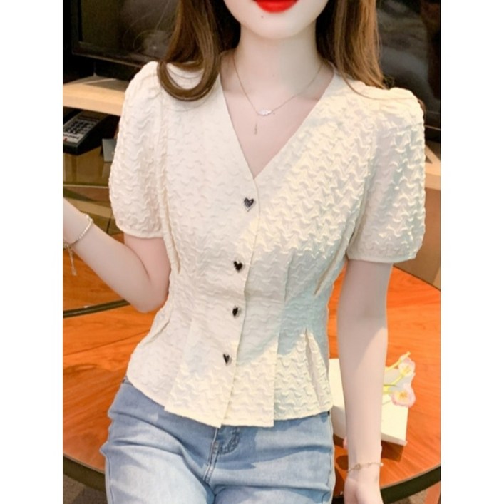 자켓형 블라우스 여성 반팔 브이넥 페플럼 쉬폰 셔츠 여름 여자 캐주얼 재킷