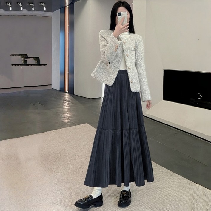 여성 가을 겨울 롱 스커트 빅 사이즈 데일리룩 루즈핏 밴딩 A라인 플리츠 롱 치마