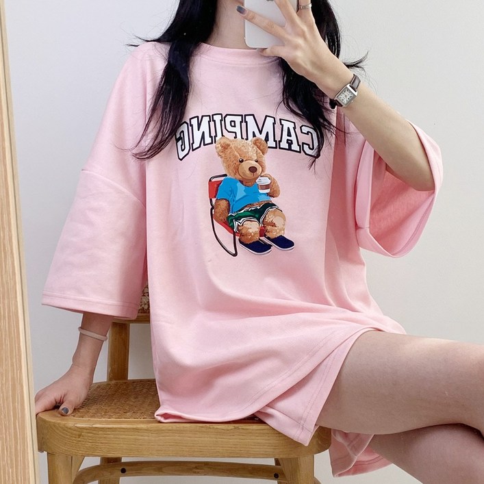 글래드블리스 여성 캠핑베어 오버핏반팔  반바지 셋트