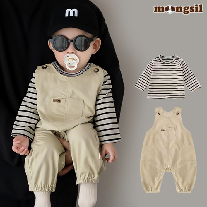 몽실이 베이지 포켓 오버롤즈 유아용 아동 봄가을 2PCS 스트라이프티 멜빵 외출복