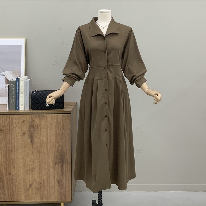 행복여 니덴 카라 다트 핀턱 플레어 셔츠 원피스