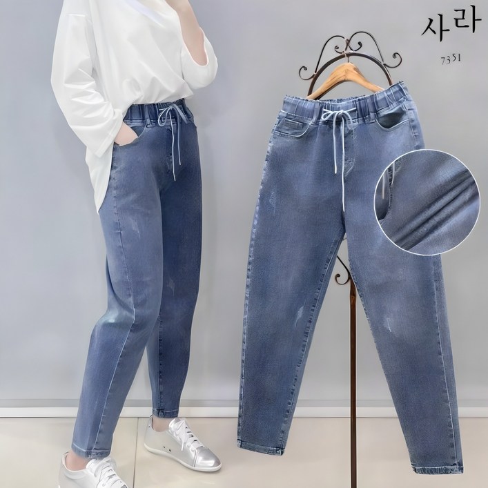 사라7351빈티지 워싱 밴딩 스판 청바지 배기핏 데님팬츠 9부 사라7351빈티지 워싱 밴딩 스판 청바지 배기핏 데님팬츠 9부