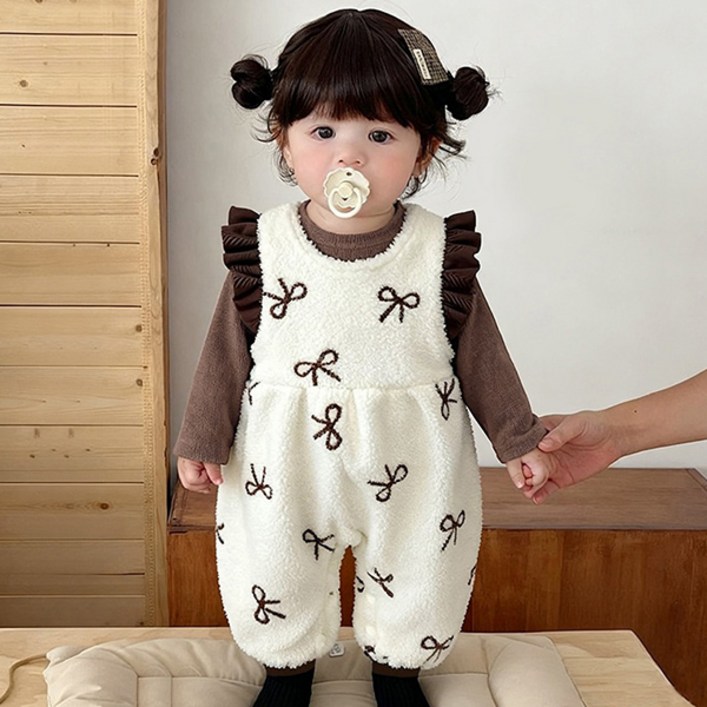 몽실이 브라우니 리본 후리스 우주복 아동 여아용 덤블 겨울 기모 방한 점프수트 외출복 2pcs