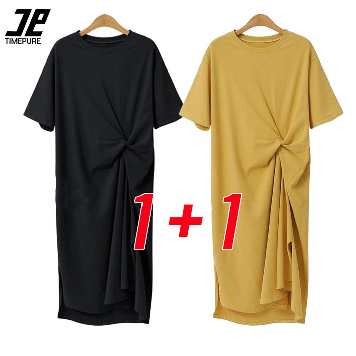 타임퓨어 11 여성 여름 캐주얼 원피스 반팔 루즈핏 롱원피스 2종 세트 빅사이즈 편한 롱 티셔츠 오버핏 빅사이즈 홈웨어