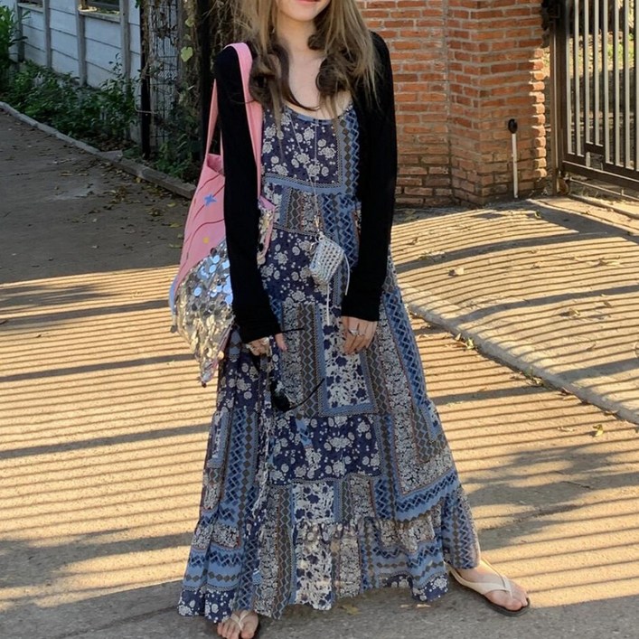 에스닉 페이즐리 플레어 나시 맥시 롱 원피스