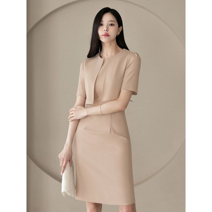 시크라인   XXL까지  베이지 크롭 레이어드 퍼프소매 H라인 원피스 여름 하객룩 오피스룩 데이트 모임 미시 빅사이즈