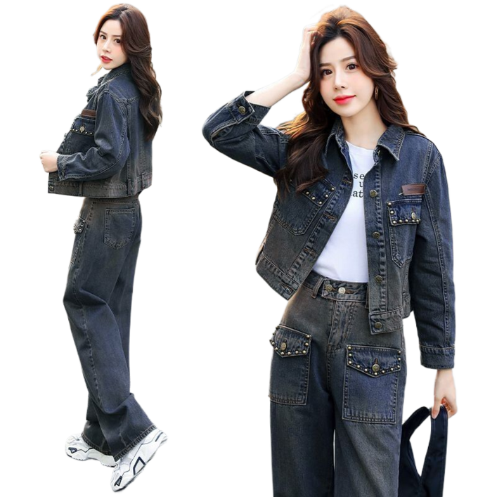 Baocn 데님 세트 여자 쇼트 데님 재킷+데님 와이드 팬츠 세트 23829