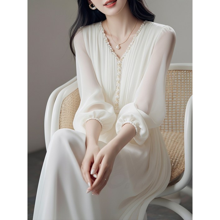 비아이와이 여성 쉬폰 캐주얼 화이트 긴팔 롱 원피스 DH1032