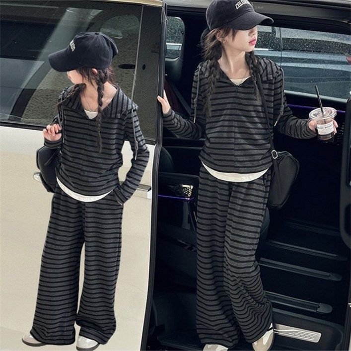 비비키드 신상 주니어 상의 초등생 하의 세트 여아 봄 가을 페이크 레이어드 스프라이프 후드티 세트 초중생 긴팔 긴바지 초등생 상하세트 99564