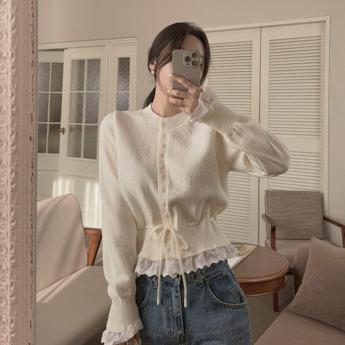 떳다그녀  럼블 레이스 레이어드 이중 배색 펀칭 봄 카디건 데이트룩 러블리 리본 니트가디건