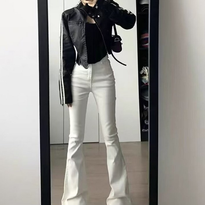 슬림소녀 여성 여름 흰색 청바지 하이웨이스트 날씬해 보이고 스판 나팔바지 패션 디자인감