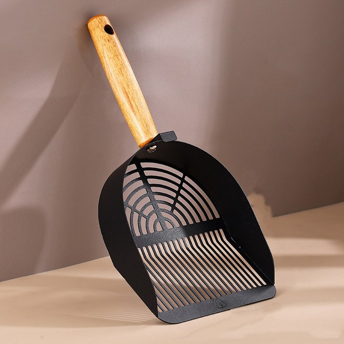 고양이 스텐 모래삽 걸이형 위생적인 스테인레스 깔끔한 우드 손잡이 화장실 스텐 삽 두부 벤토 모래용, 1개, 블랙 큰 입자용