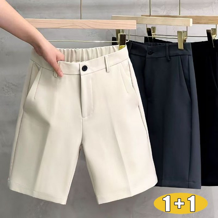 WEIHAN 남성 심플 5부 정장바지 11세트 캐주얼 정장룩 뒷밴딩 와이드 반바지