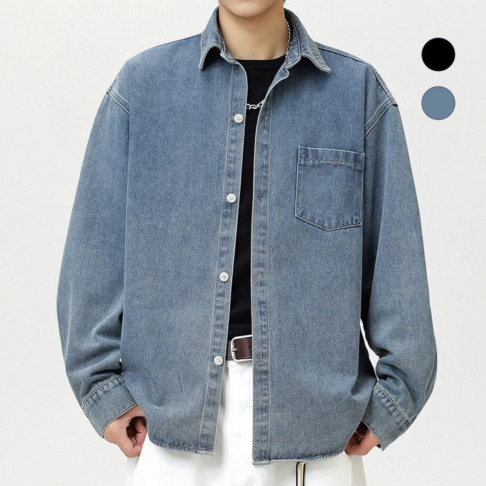 HANYO 남성 생 데님 워싱 데일리 오버핏 캐주얼 긴팔 셔츠 청남방