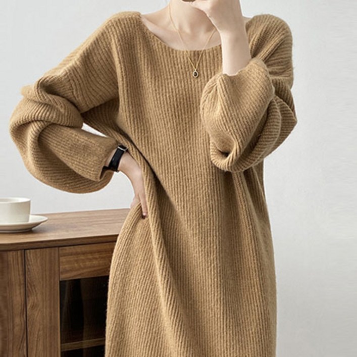 데일로엔 여성 라운드 루즈핏 롱 니트 원피스