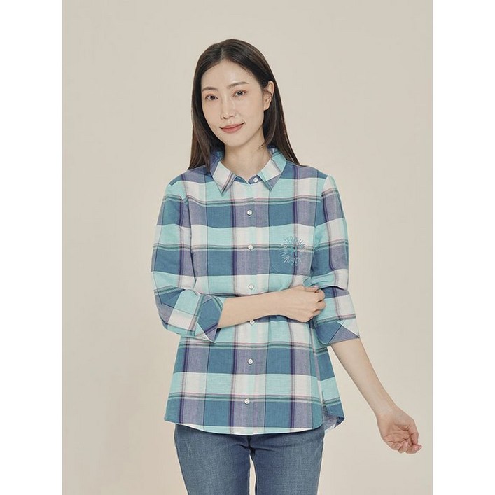 올리비아하슬러 블루 베이직체크 마 셔츠 블라우스 OHCMBL208