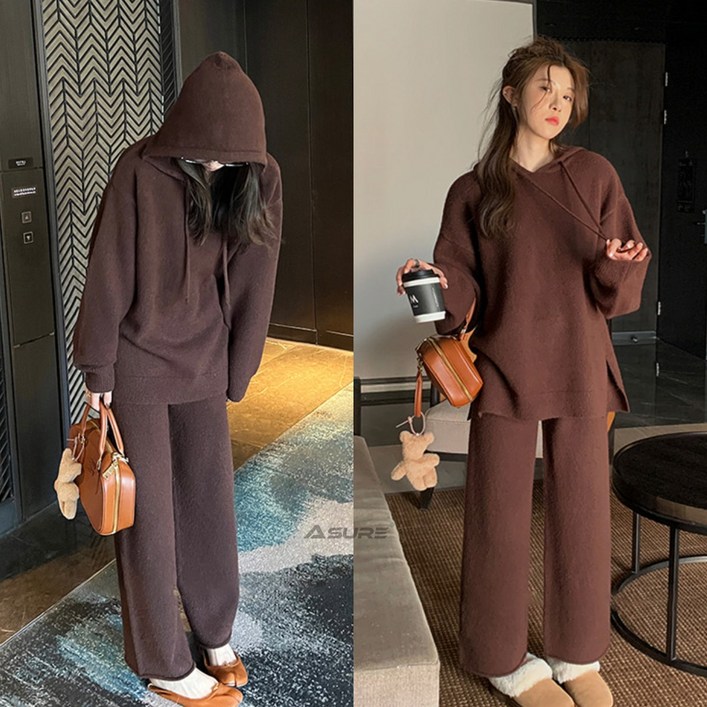 Asure 여성 투피스 니트 세트 원마일 웨어 후드바지