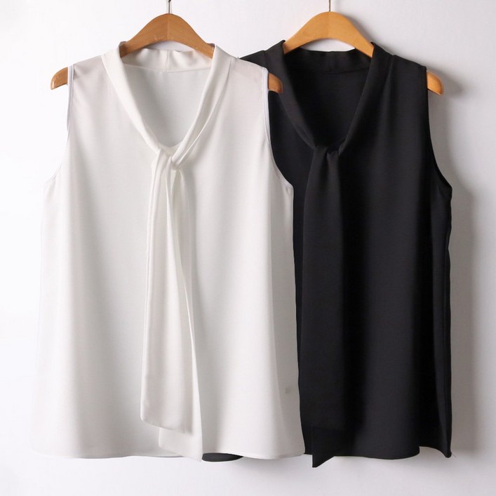 빅사이즈 여성의류 브이 넥 타이 나시 블라우스 민소매 정장 셔츠 쉬폰 티 66120 size